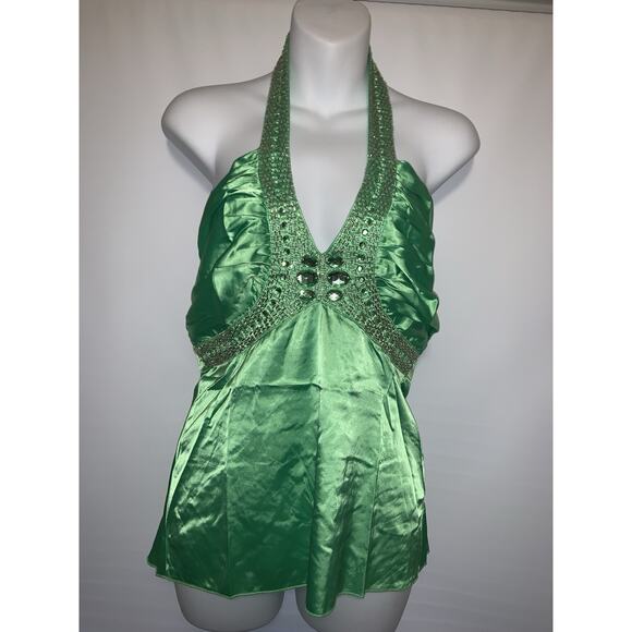 Y2k Green Satin Halter Top Size Medium Bejeweled Neck DEADSTOCK - Picture 2 of 7